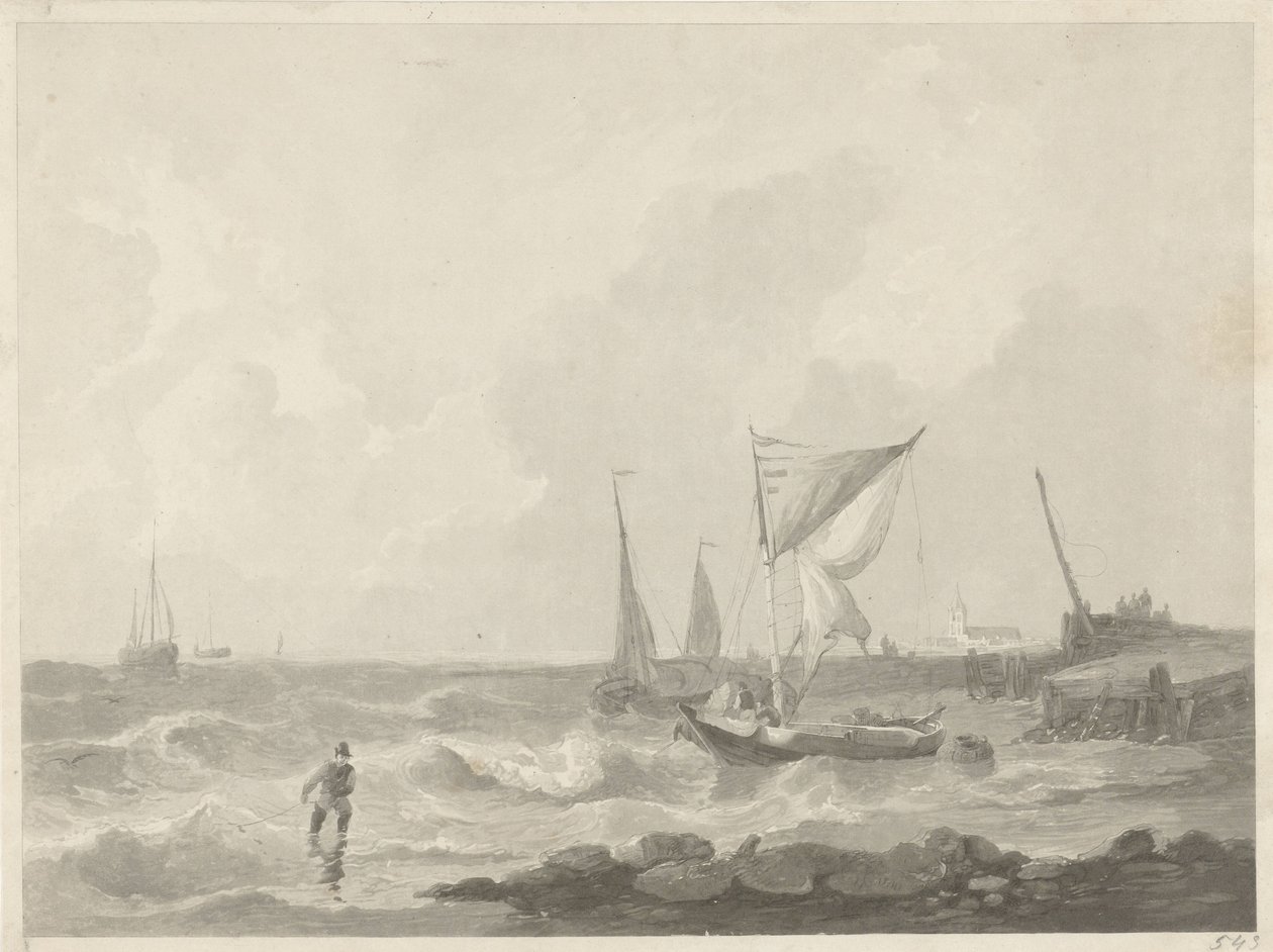 Vissersboten bij een havenhoofd door Willem Hendrik Hoogkamer