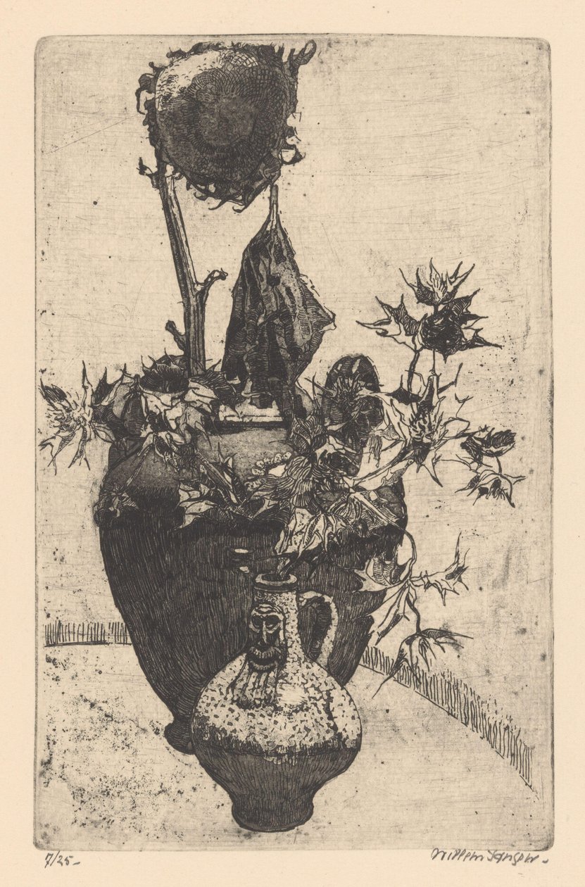 Stilleven met dorre zonnebloem door Willem Jansen (graveur) (signed by artist)
