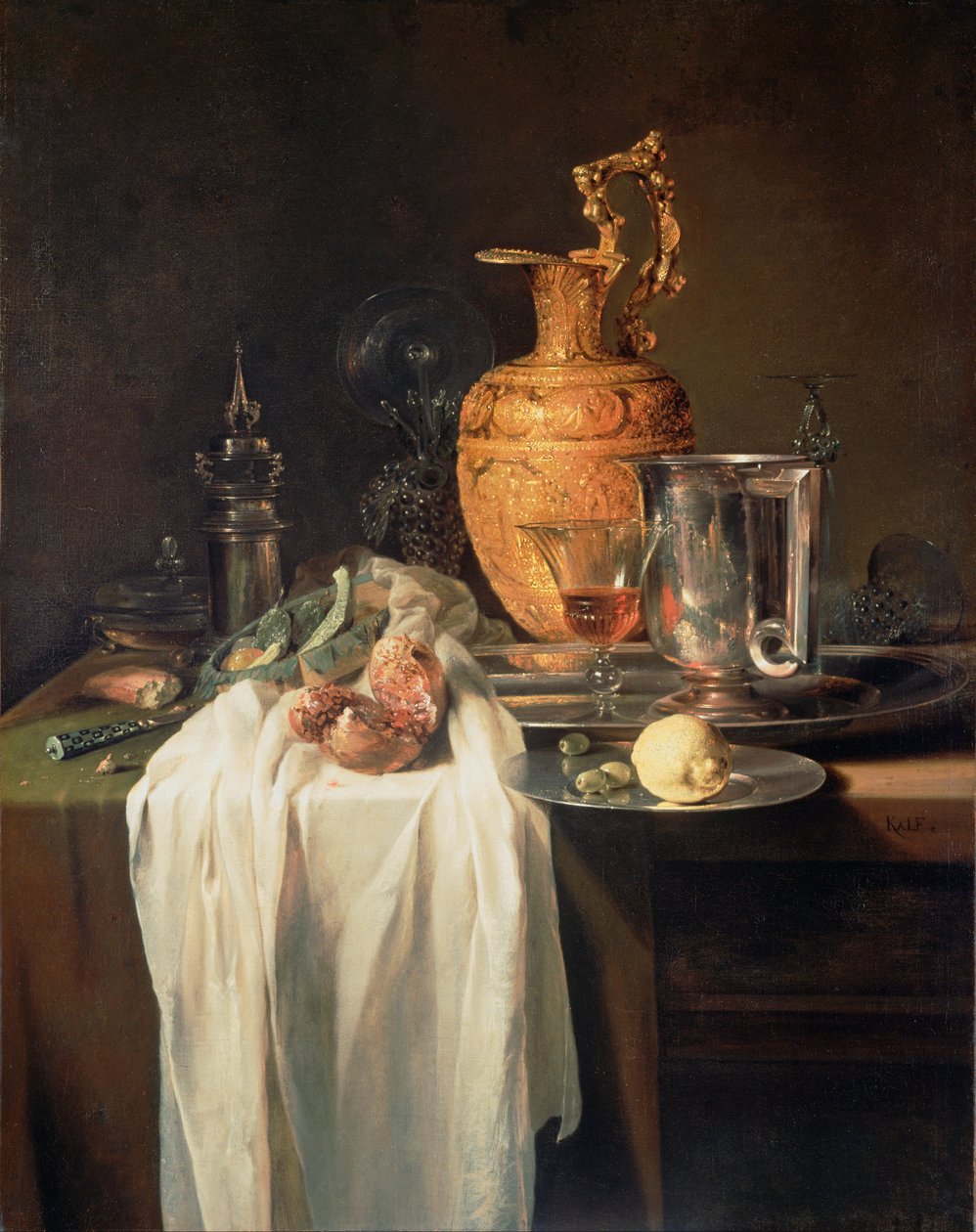 Stilleven met waterkan, vaten en granaatappel door Willem Kalf