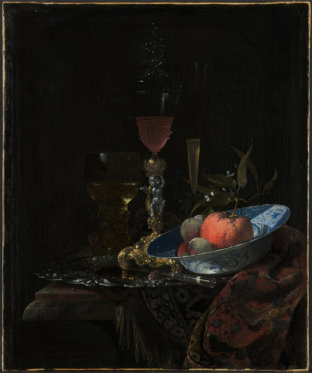 Wijnglas en een schaal fruit door Willem Kalf