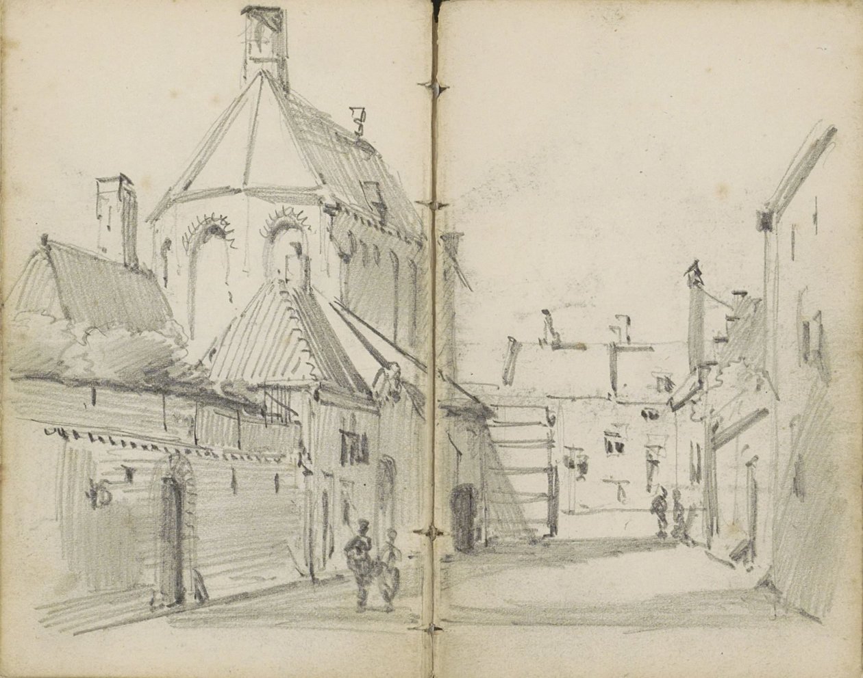 Dorpsstraat met een kerk en figuren door Willem Koekkoek
