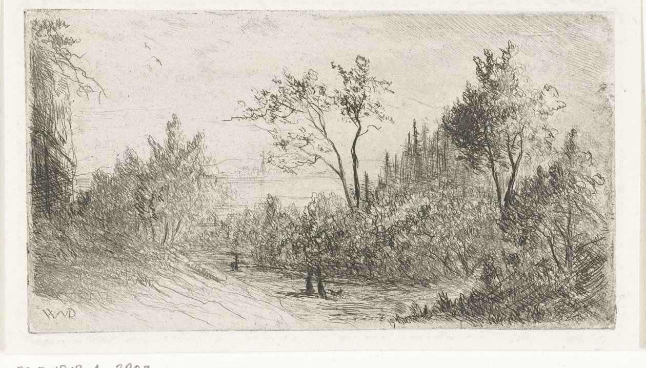 Heuvellandschap met wandelaars en hond bij bosrand door Willem Matthias Jan van Dielen