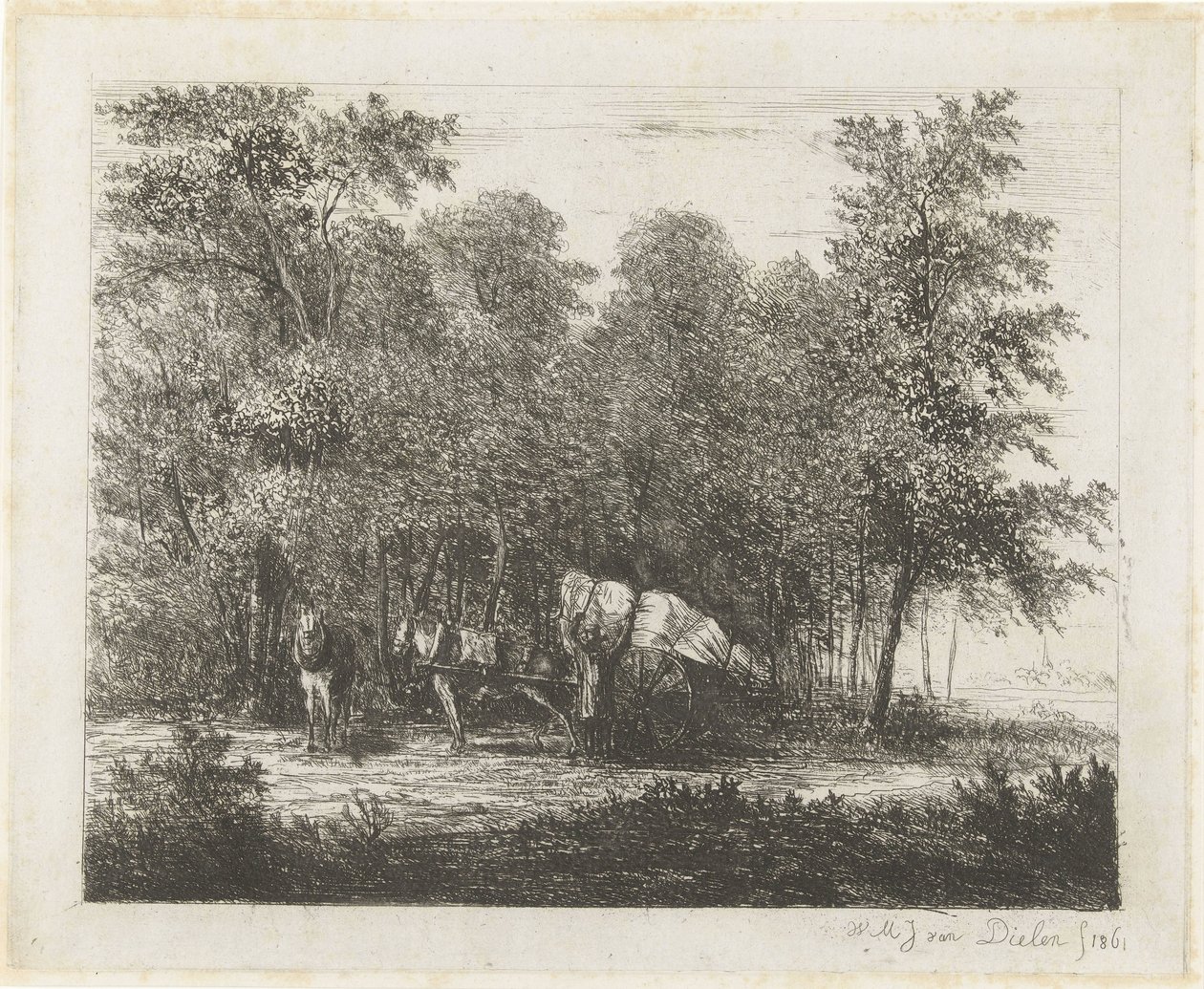 Landschap met man bij volgeladen kar en ingespannen paard door Willem Matthias Jan van Dielen