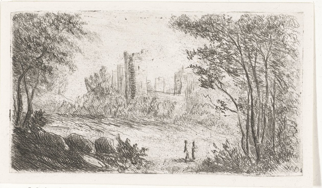 Landschap met ruïne van kasteel en twee figuren door Willem Matthias Jan van Dielen