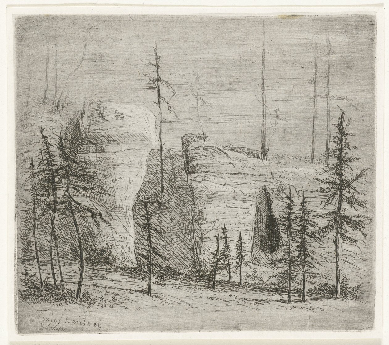 Rotslandschap met naaldbomen, de zogenaamde Teufelkanzel Teufelkantzel Baxen (title on object) door Willem Matthias Jan van Dielen