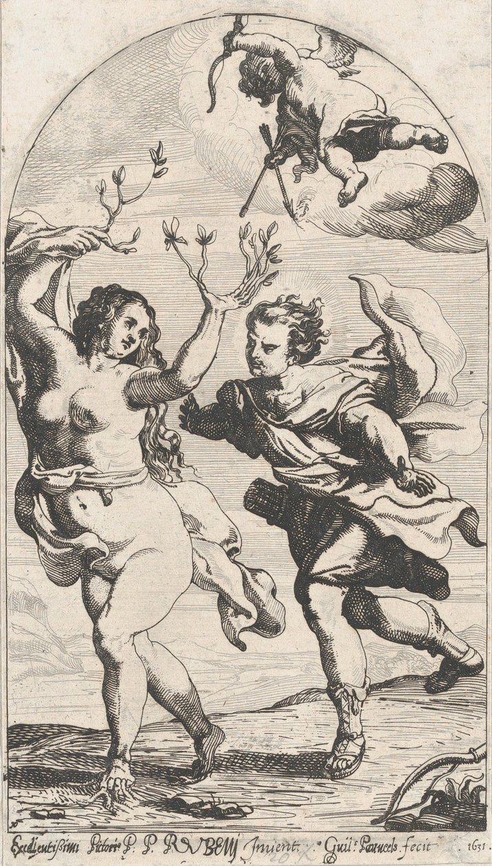 Daphne vluchtend voor Apollo, met Cupido boven door Willem Panneels