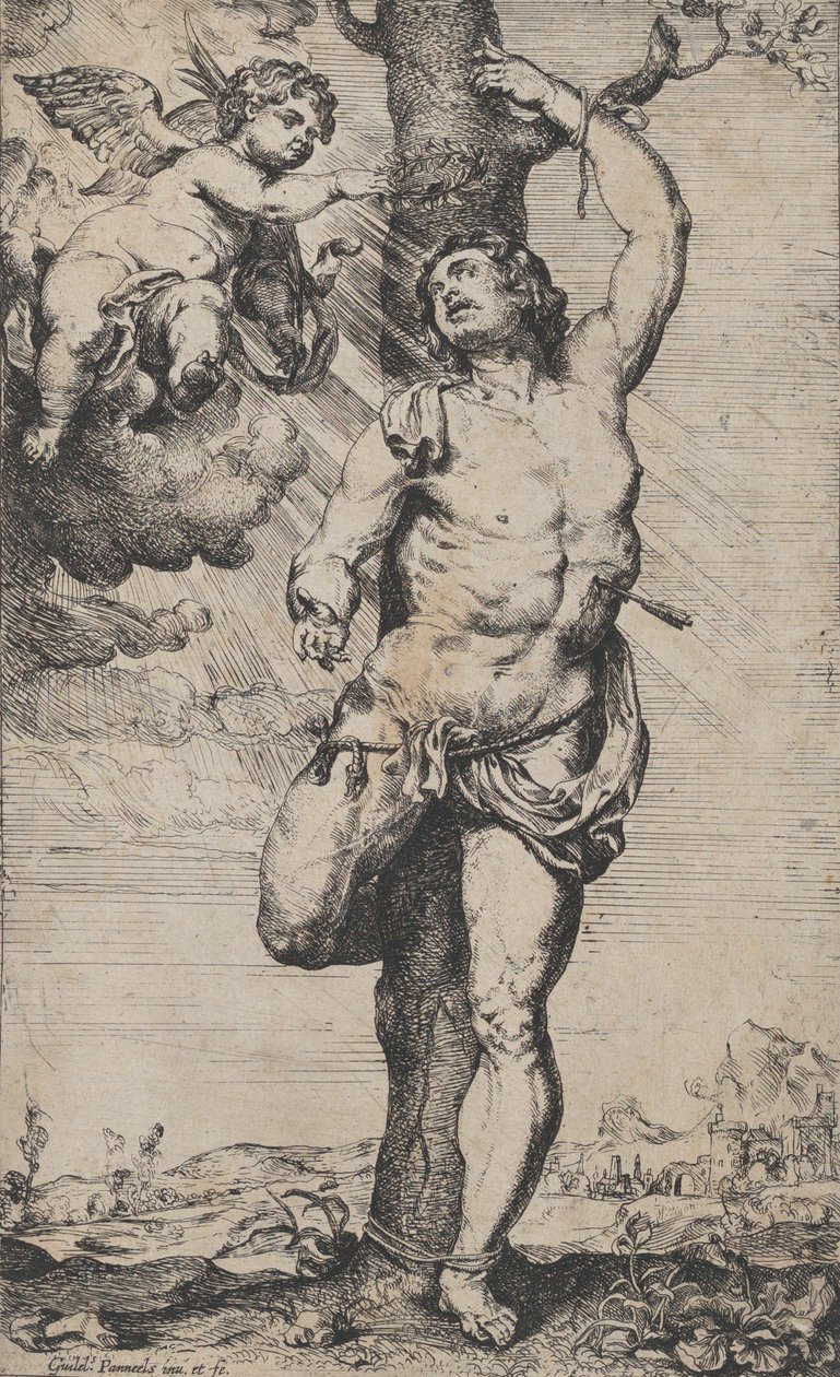 Het martelaarschap van Sint Sebastiaan, met engelen die hem kronen linksboven, ca. 1620-32 door Willem Panneels