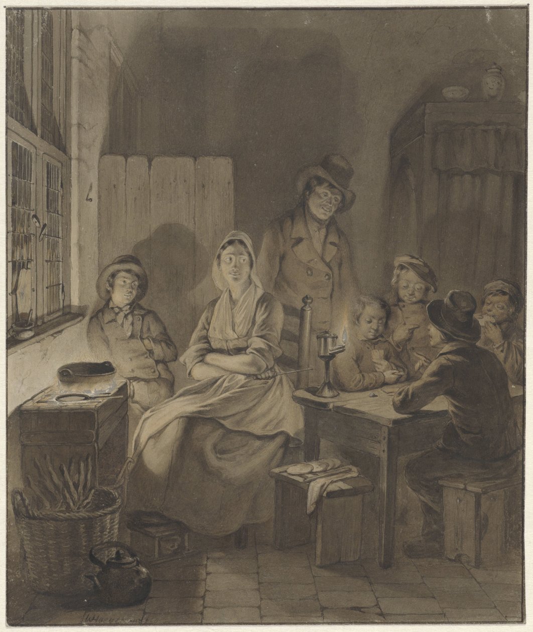Interieur met groep mensen rond tafel bij kaarslicht door Willem Pieter Hoevenaar