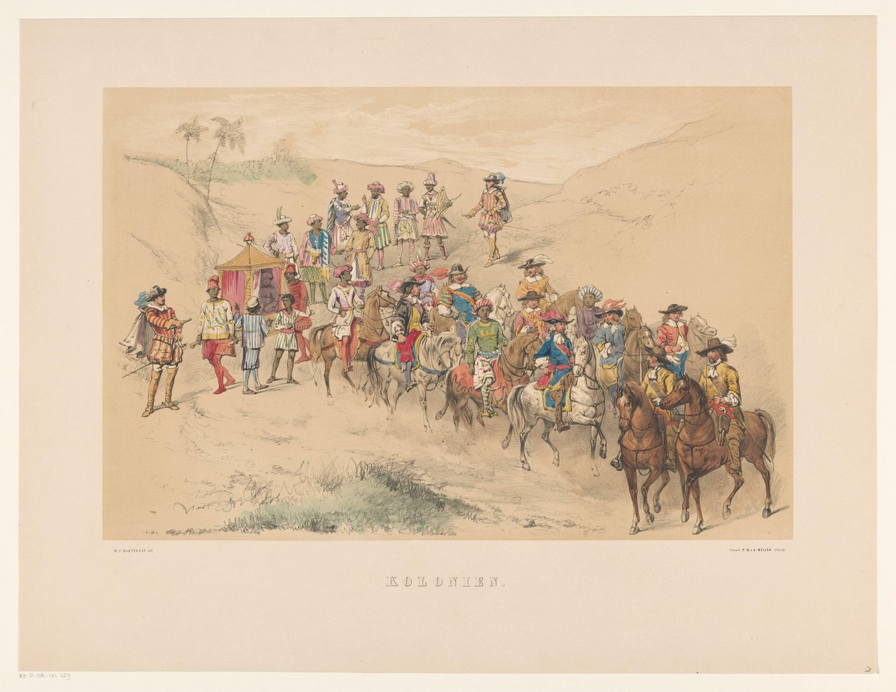 Vierde groep van Utrechtse maskerade in 1856 Kolonien Ons vaderland omstreeks het midden der 17e eeuw, voorgesteld door H.H. studenten, leden van Mutua Fides, ter viering van het 220jarig bestaan der Utrechtsche Hoogeschool, den 25. Jun door Willem Pieter Hoevenaar