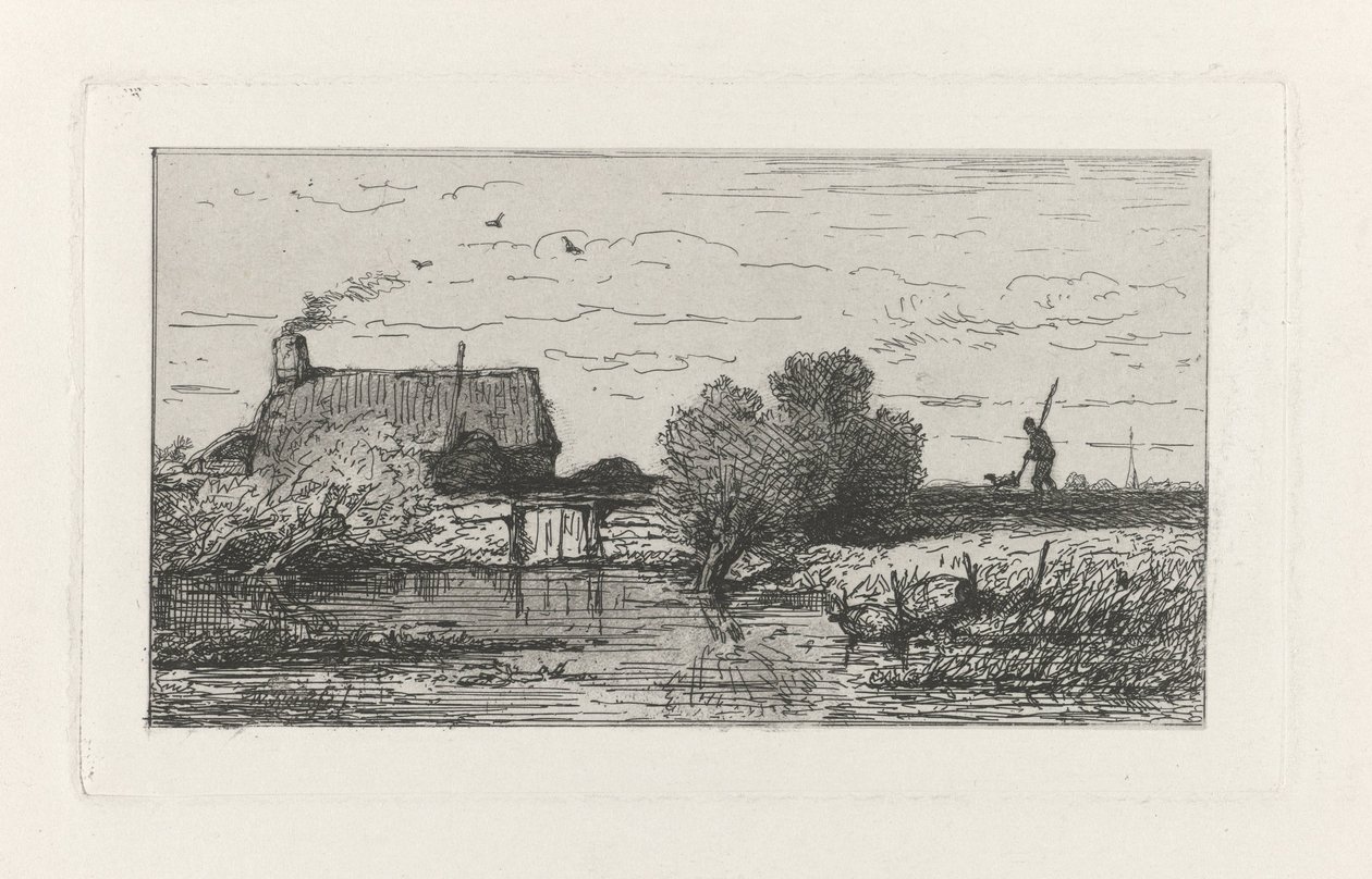 Gezicht op een boerderij aan het water door Willem Roelofs (I)
