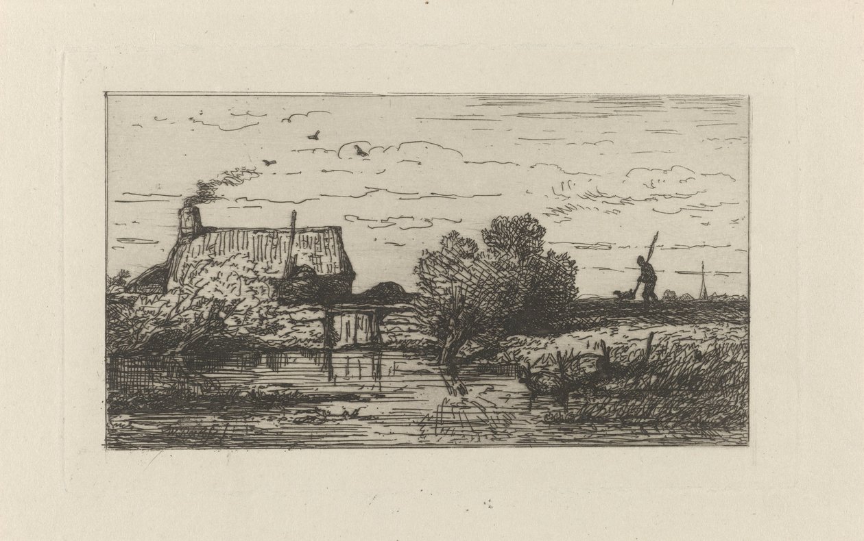 Gezicht op een boerderij aan het water door Willem Roelofs (I)