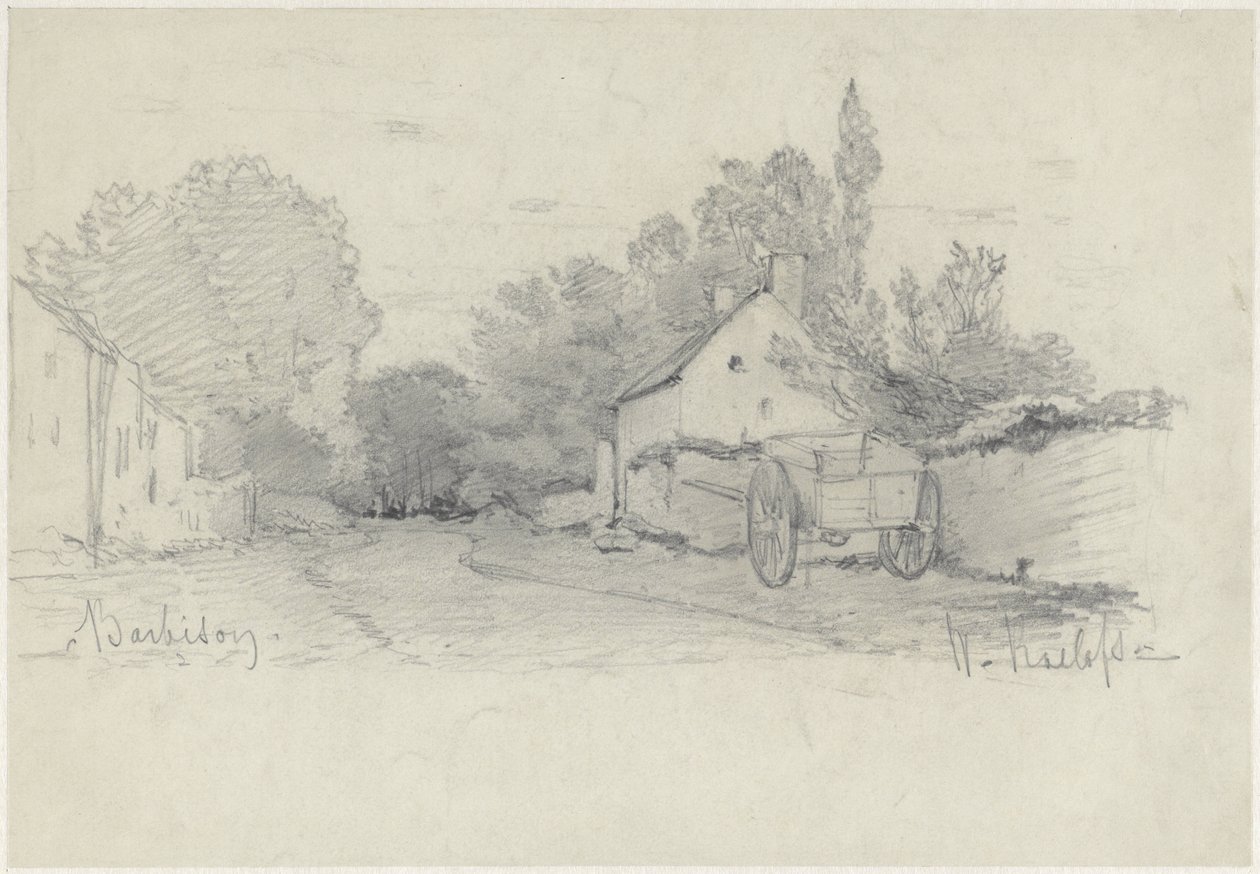 Gezicht op een straatje met een kar in Barbizon door Willem Roelofs (I)