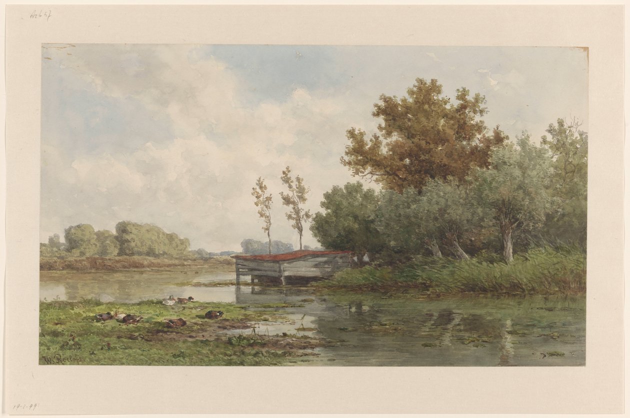 Landschap met water en eenden door Willem Roelofs (I)