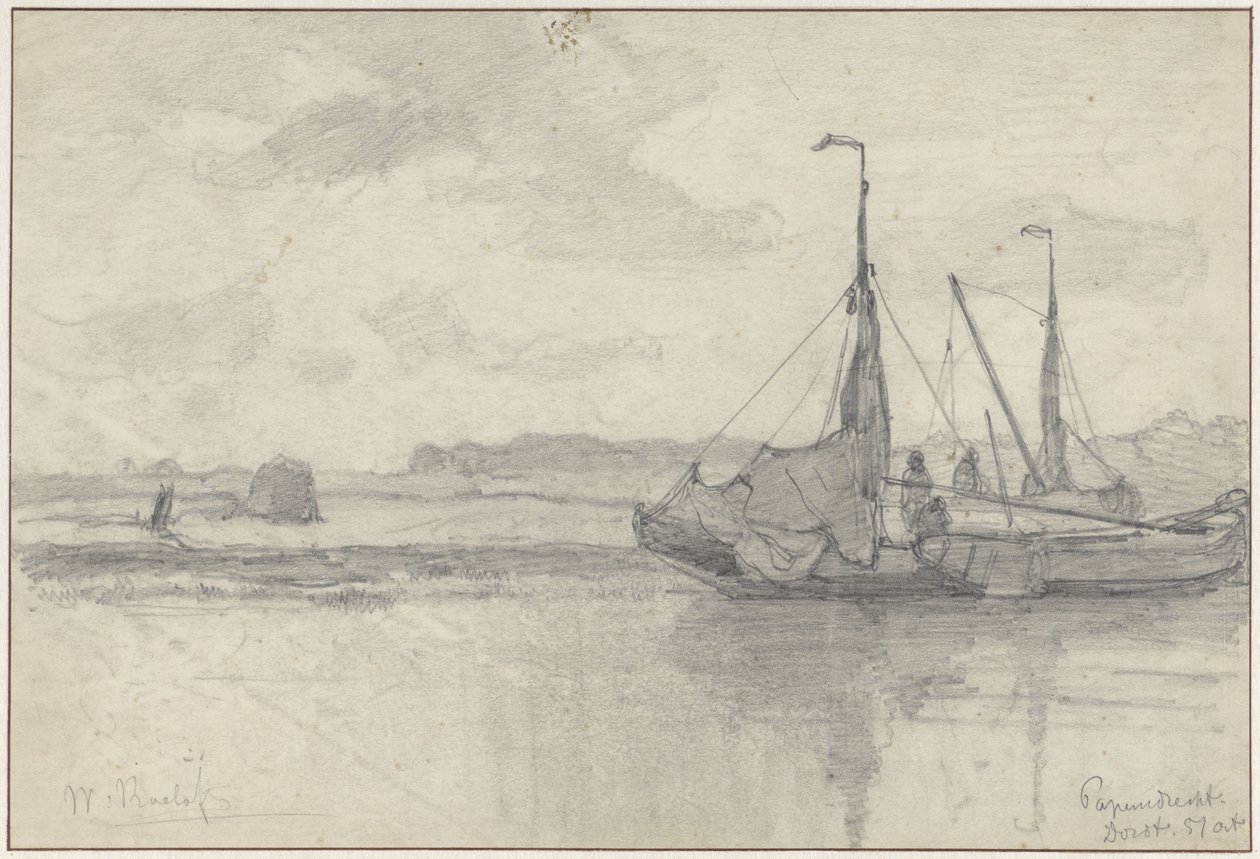Vissersboten in een landschap te Papendrecht door Willem Roelofs (I)