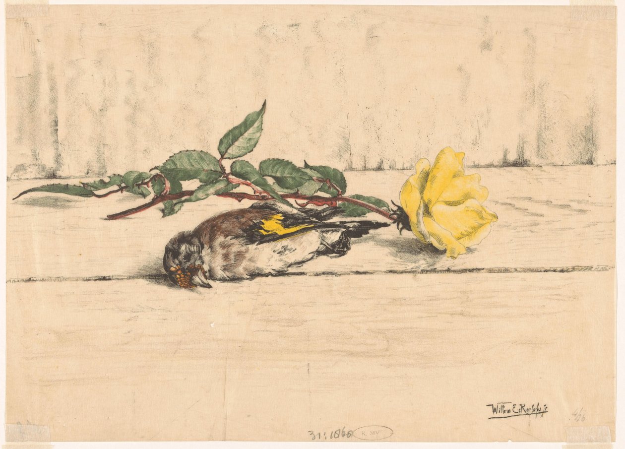 Dode putter liggend naast een roos door Willem Roelofs (II) (signed by artist)