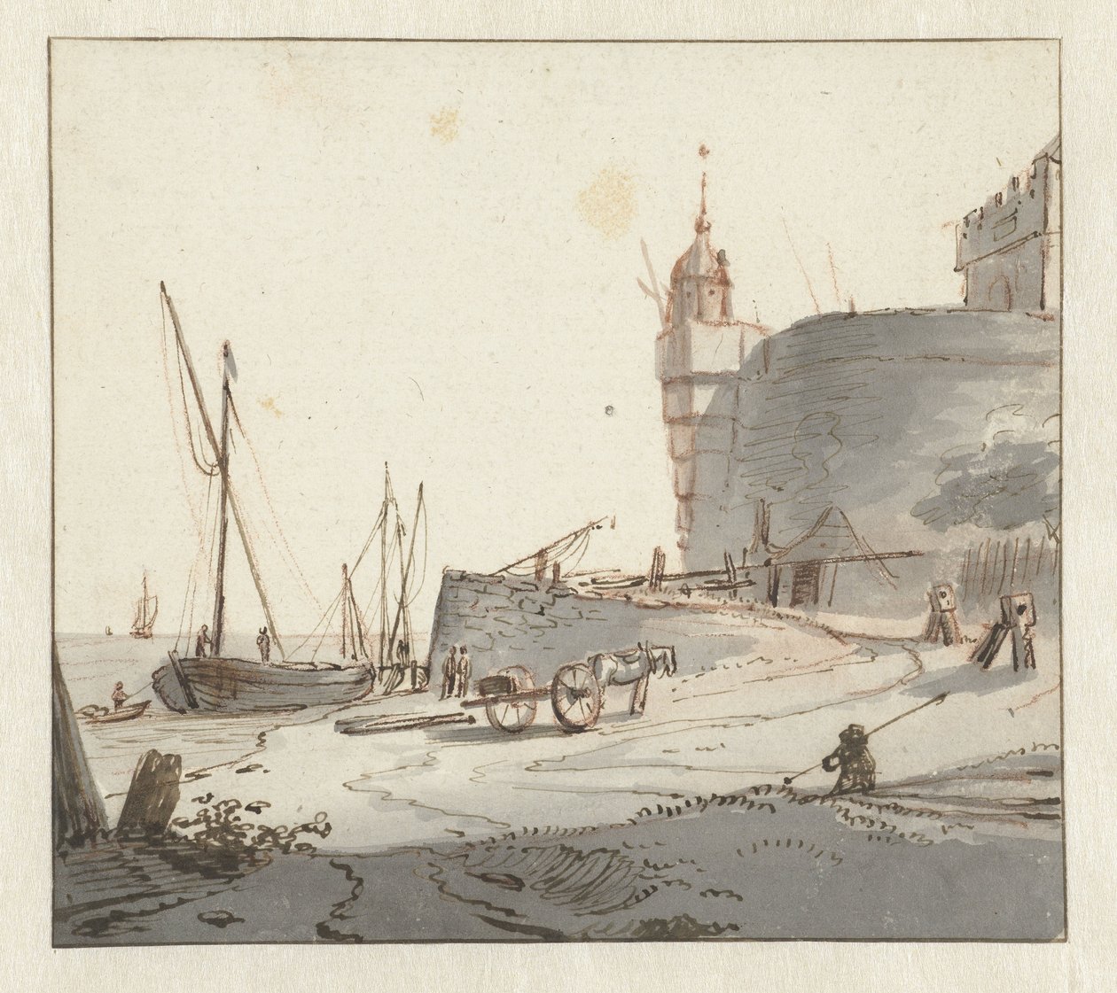 Gezicht op een haven bij een stadsmuur door Willem Schellinks