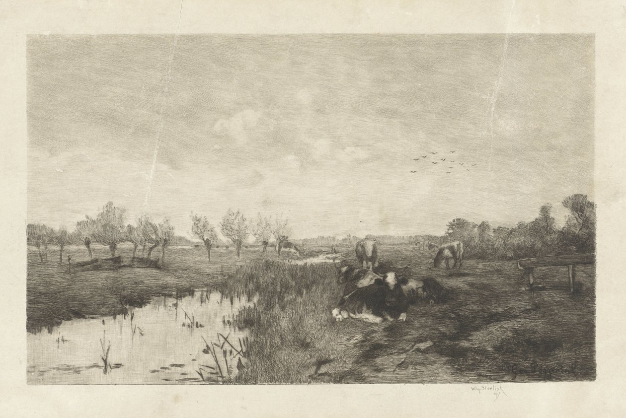 Polderlandschap met koeien door Willem Steelink (II)