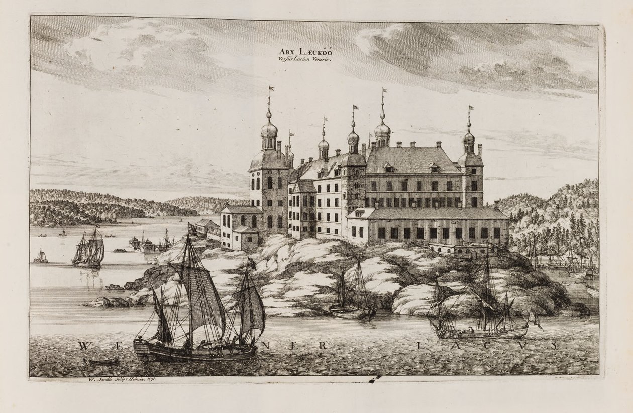 Kasteel Läckö vanaf de zijde van het Vänermeer. Uit "Suecia antiqua et hodierna" door Willem Swidde