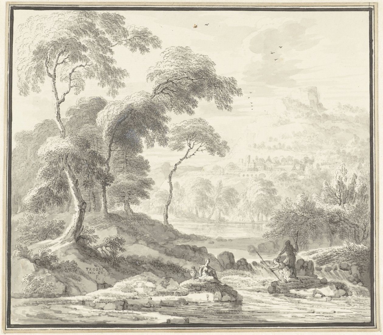 Idyllisch heuvellandschap met vrouwen aan een stroom door Willem Troost (I)