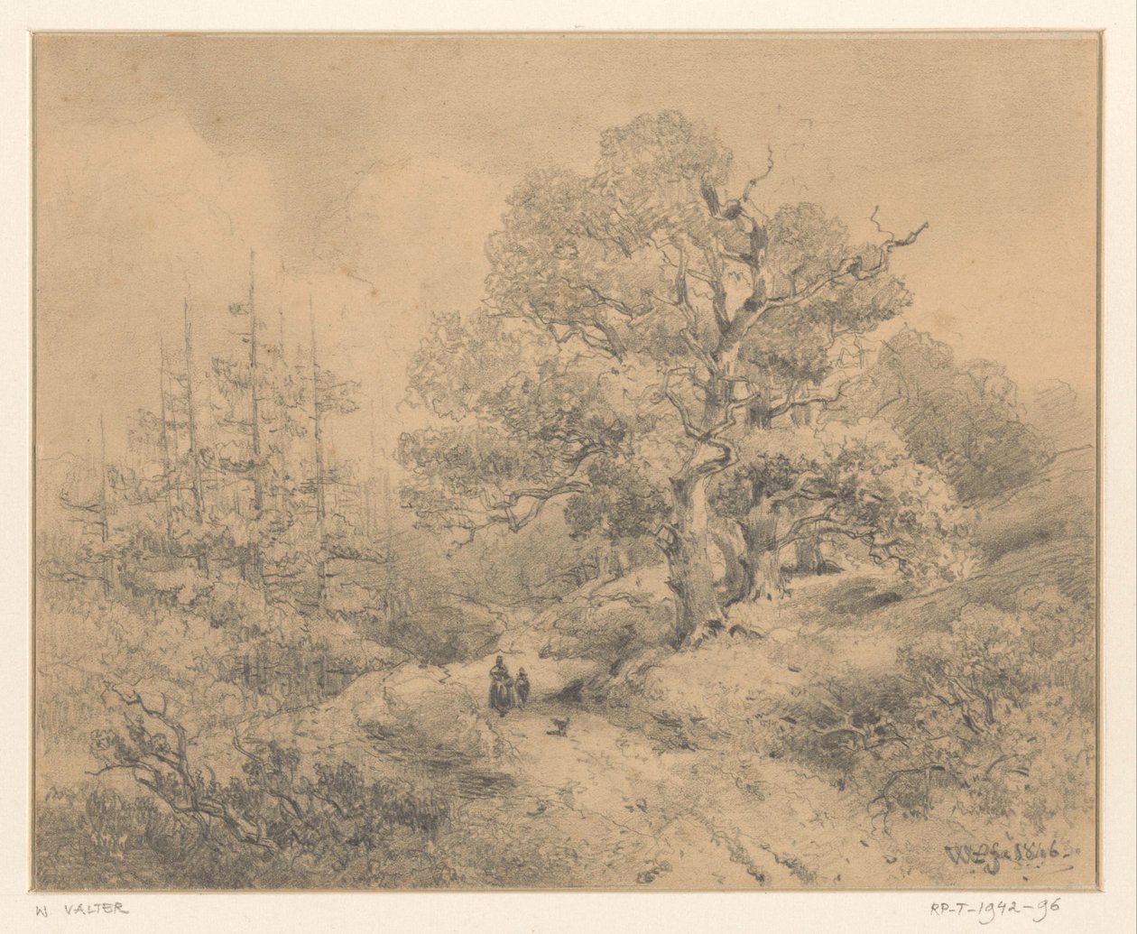 Landschap met bomen, twee figuren en een hond door Willem Valter Pzn