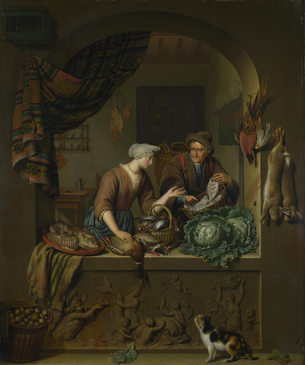 Een vrouw en een visverkoper in een keuken, 1713 door Willem Van Mieris