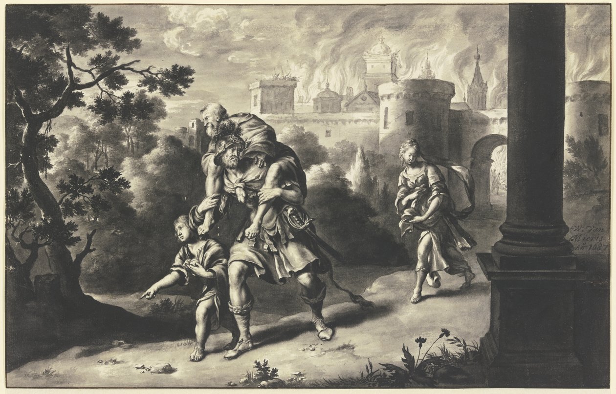 Aeneas redt Anchises uit het brandende Troje door Willem Van Mieris