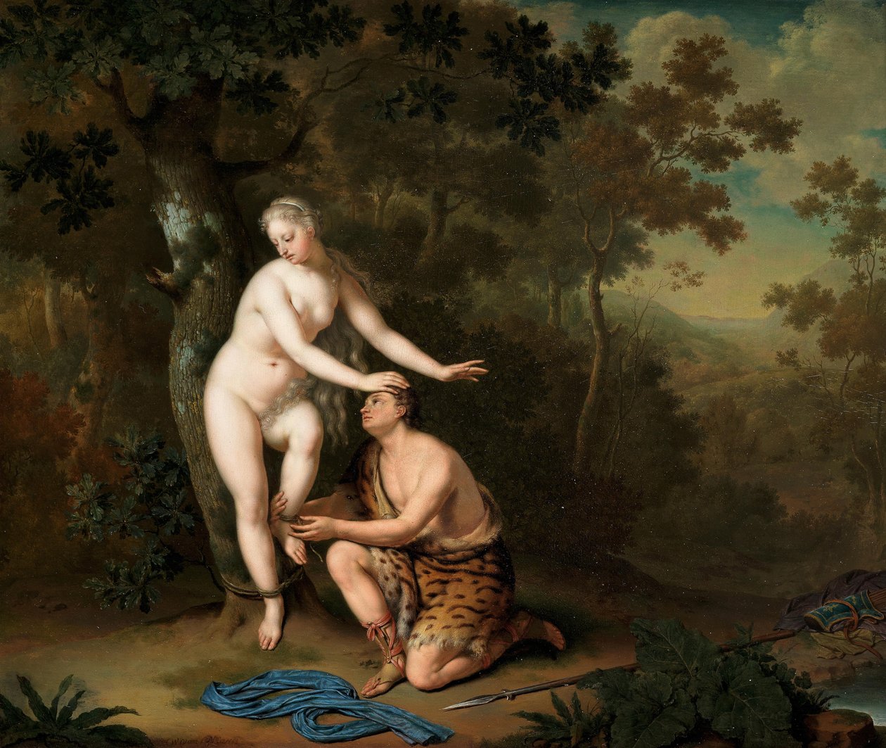 Sylvia bevrijd door Aminta, 1700s door Willem Van Mieris
