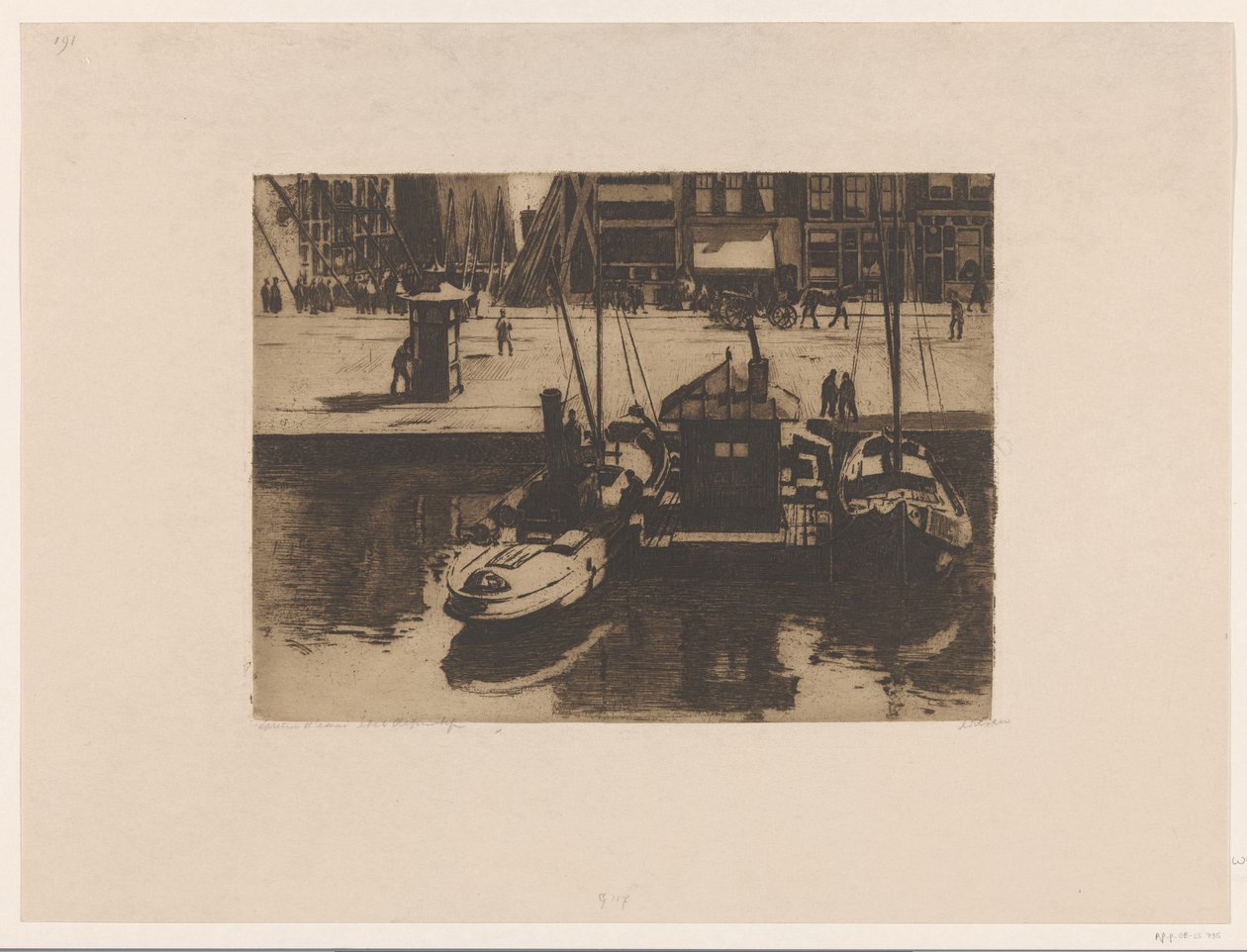 Aangemeerde boten aan het Damrak in Amsterdam door Willem Witsen (signed by artist)