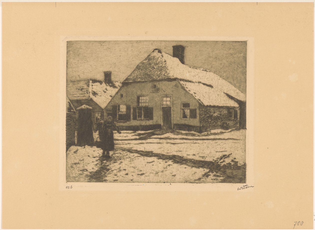 Besneeuwde huizen aan een weg in Ede door Willem Witsen (signed by artist)