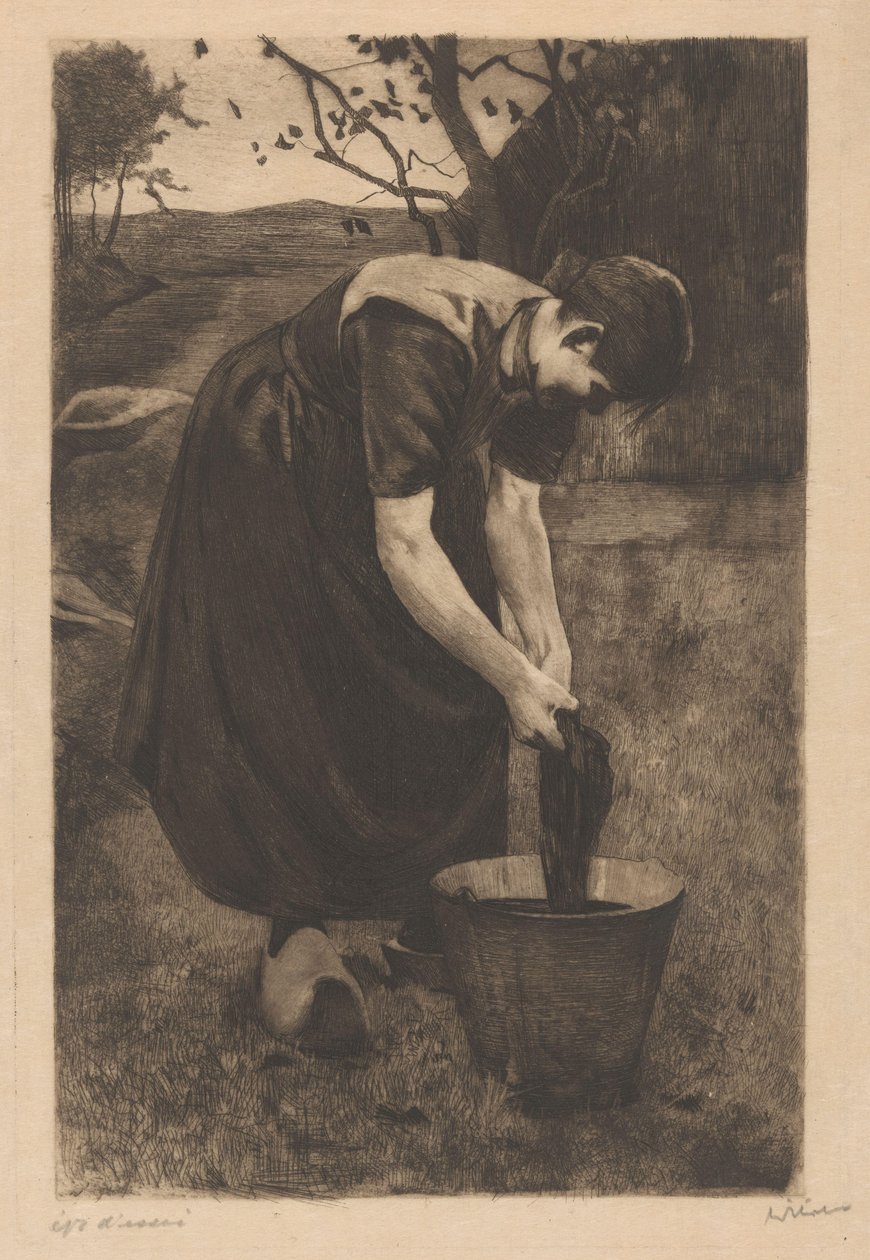 Boerin wast textiel in een emmer door Willem Witsen (signed by artist)