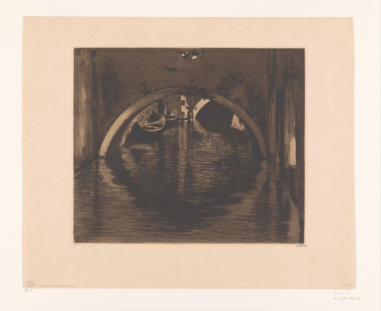 Gezicht onder een brug met twee roeiboten door Willem Witsen (signed by artist)