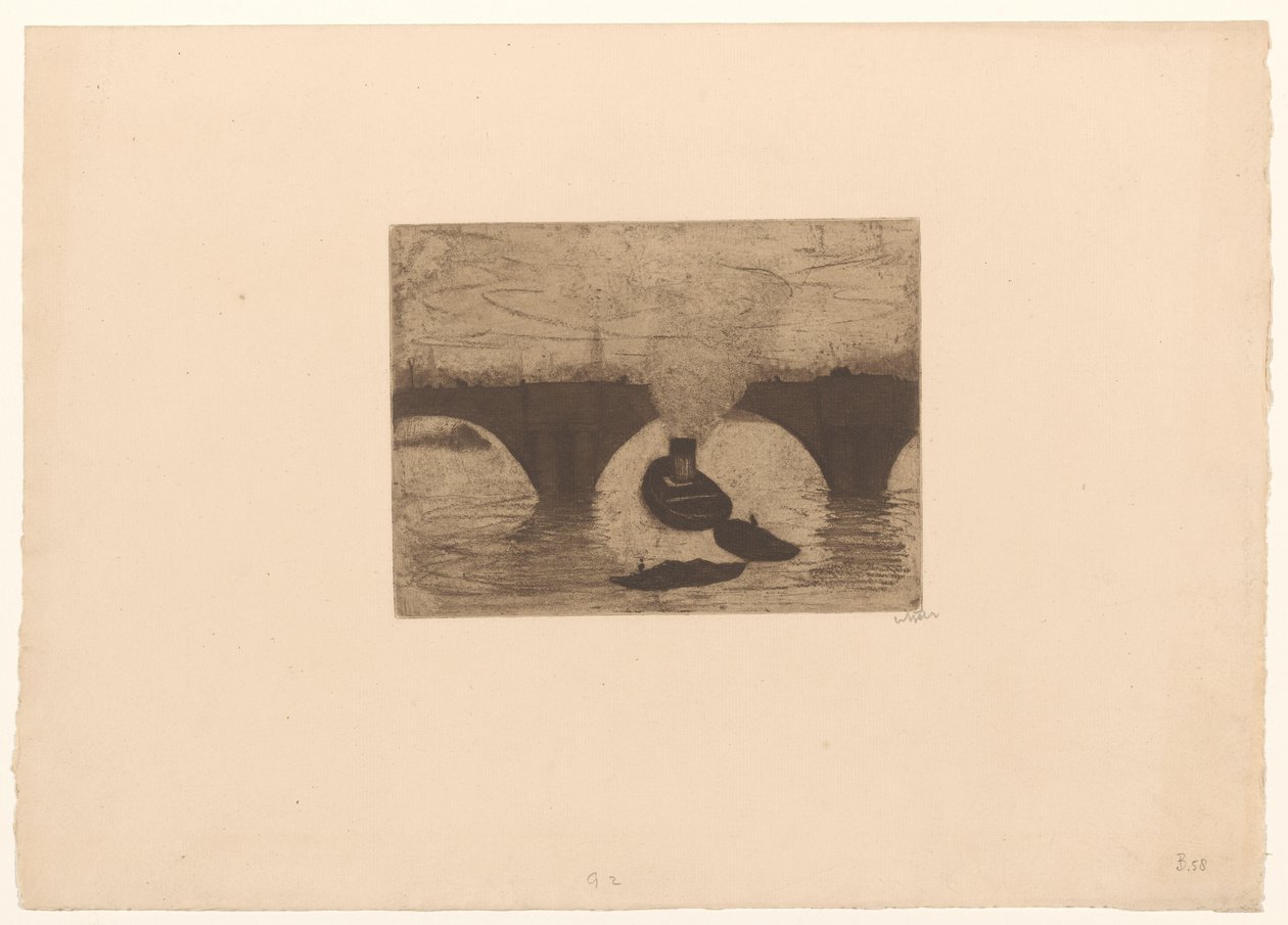 Sleepboot voor de Waterloo Bridge in Londen door Willem Witsen (signed by artist)
