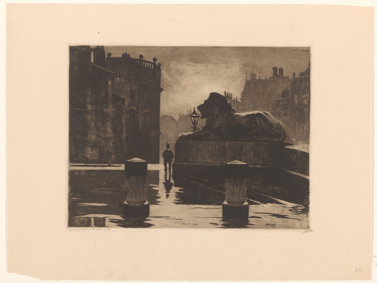 Trafalgar Square met bronzen leeuw in Londen door Willem Witsen (signed by artist)