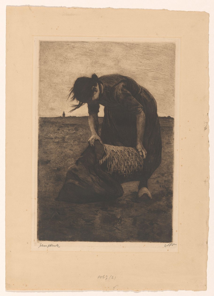 Voorovergebogen aardappelrooister met een mand en zak door Willem Witsen (signed by artist)