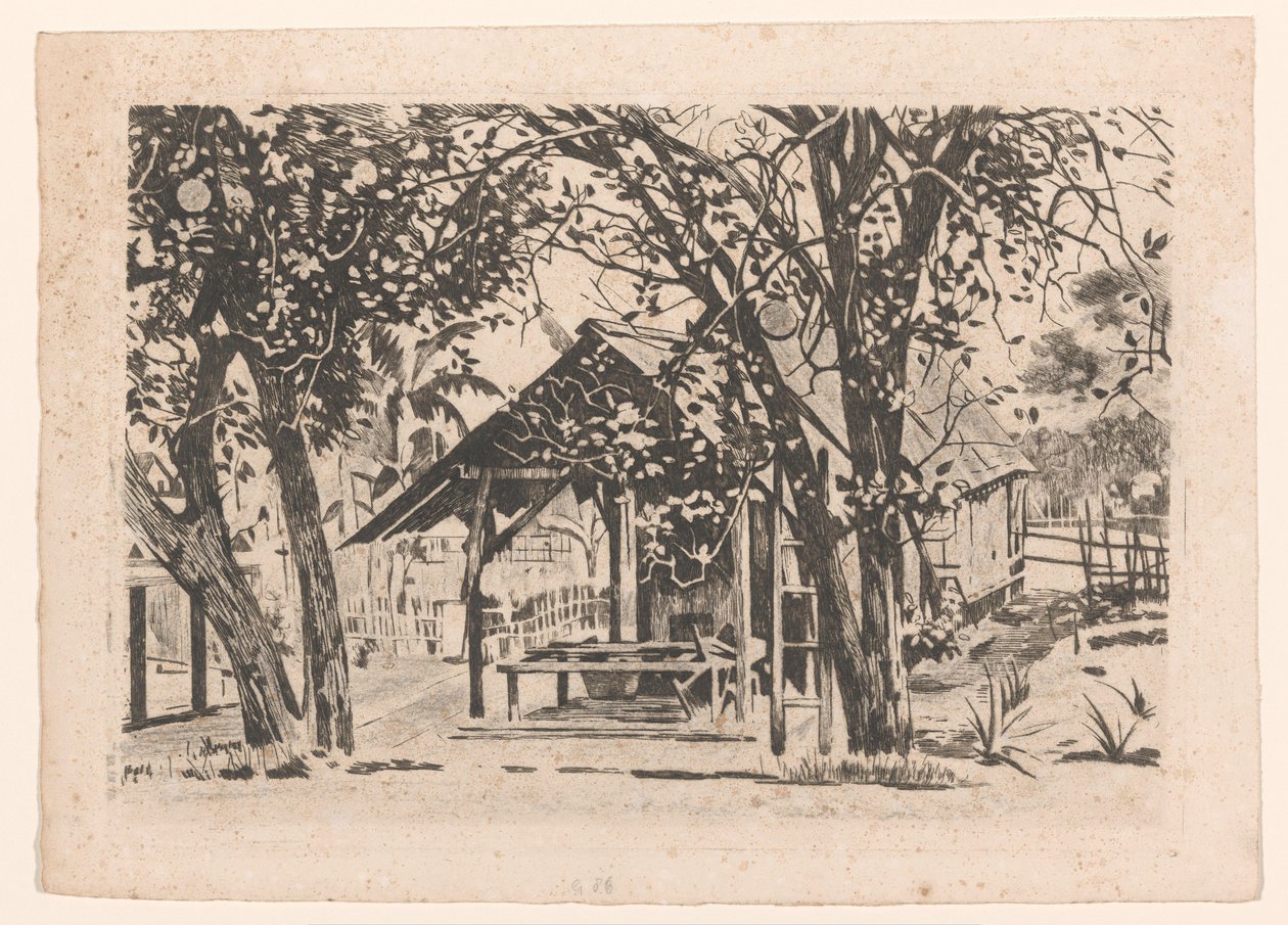Bijgebouw tussen twee bomen op Java door Willem Arnoldus Witsen