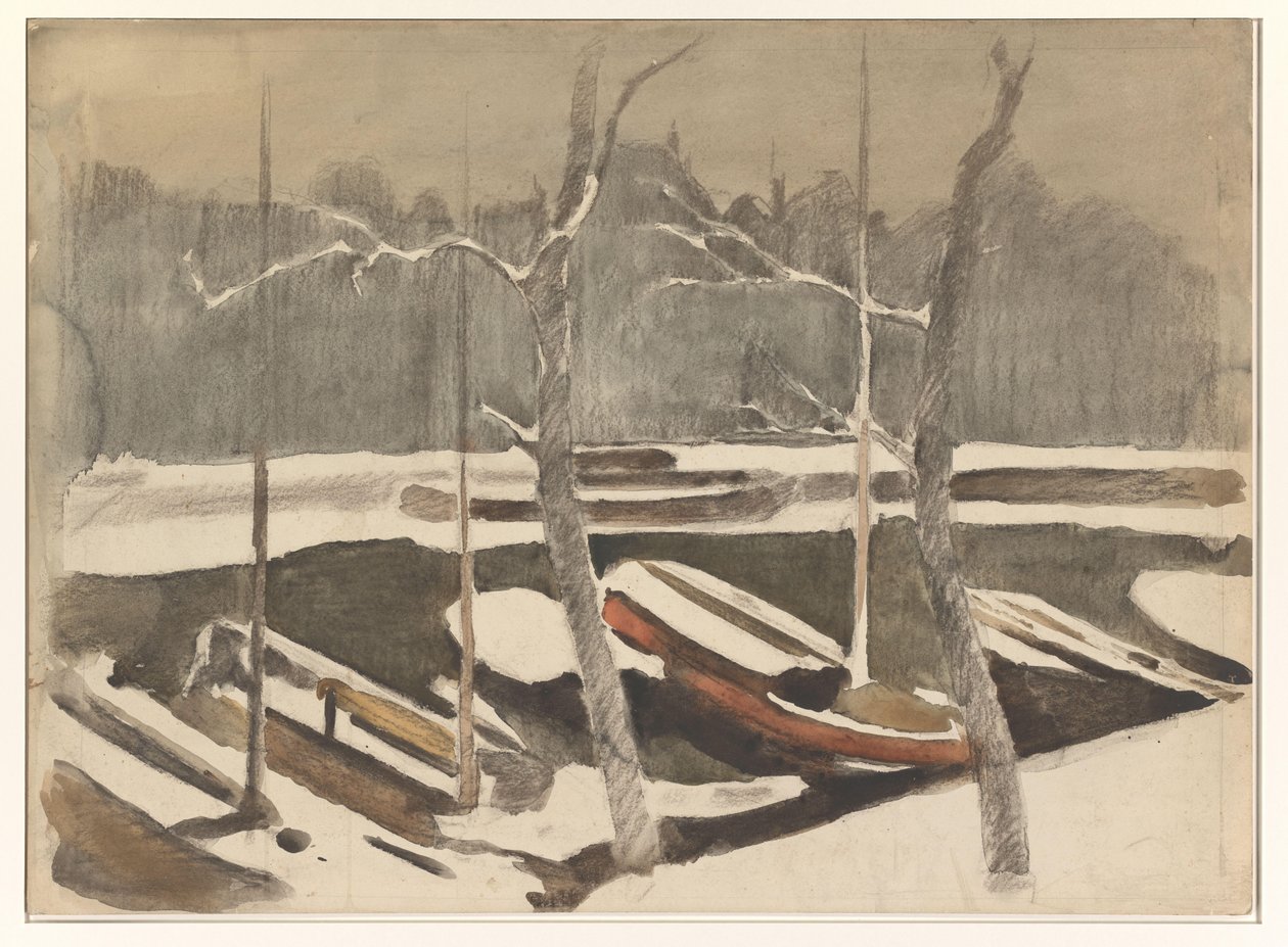 Gemeerde schuiten aan een besneeuwde gracht door Willem Arnoldus Witsen