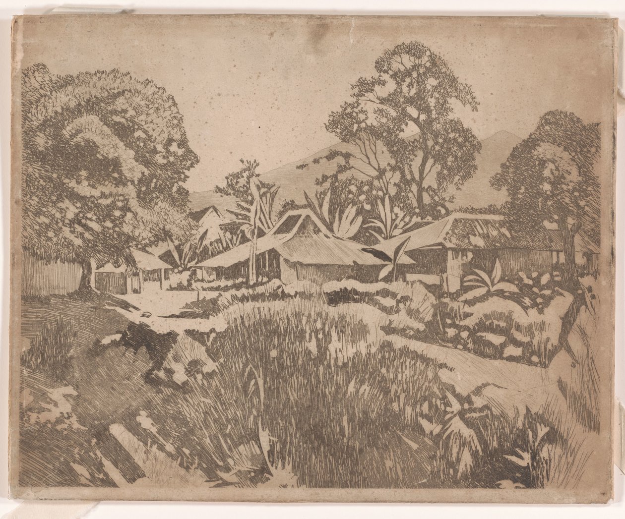 Huizen in de kampong met de vulkanen Salak en Gedeh op de achtergrond, Buitenzorg door Willem Arnoldus Witsen