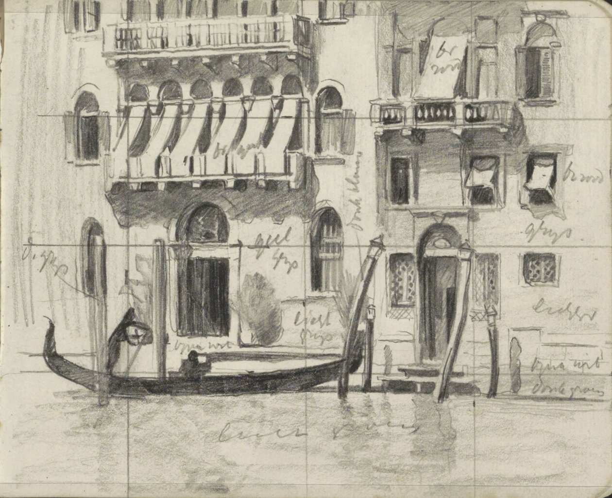 Huizen met zonwering over de balkons aan het Canal Grande te Venetië door Willem Arnoldus Witsen