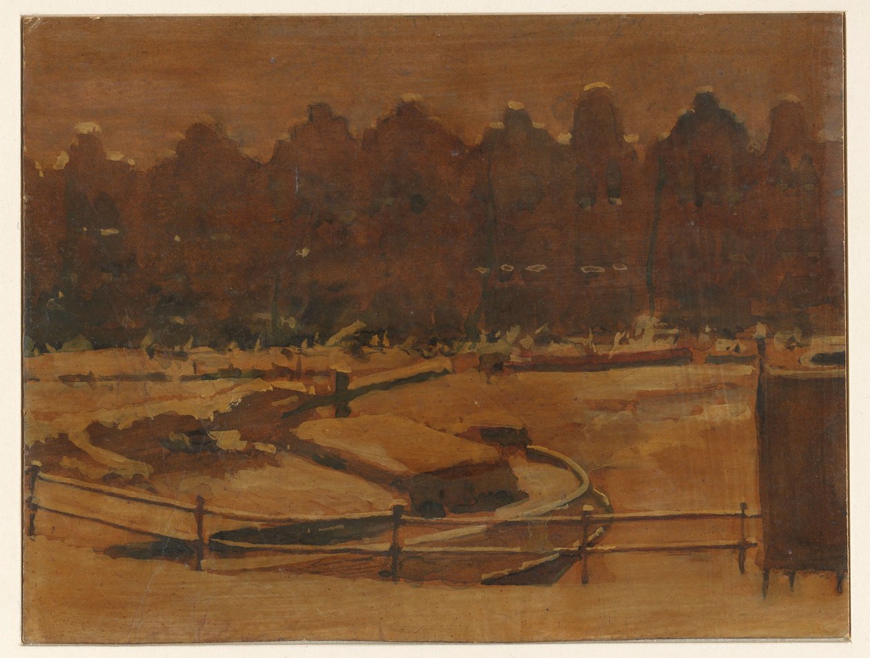 Pakhuizen aan een Amsterdamse kade in de sneeuw door Willem Arnoldus Witsen