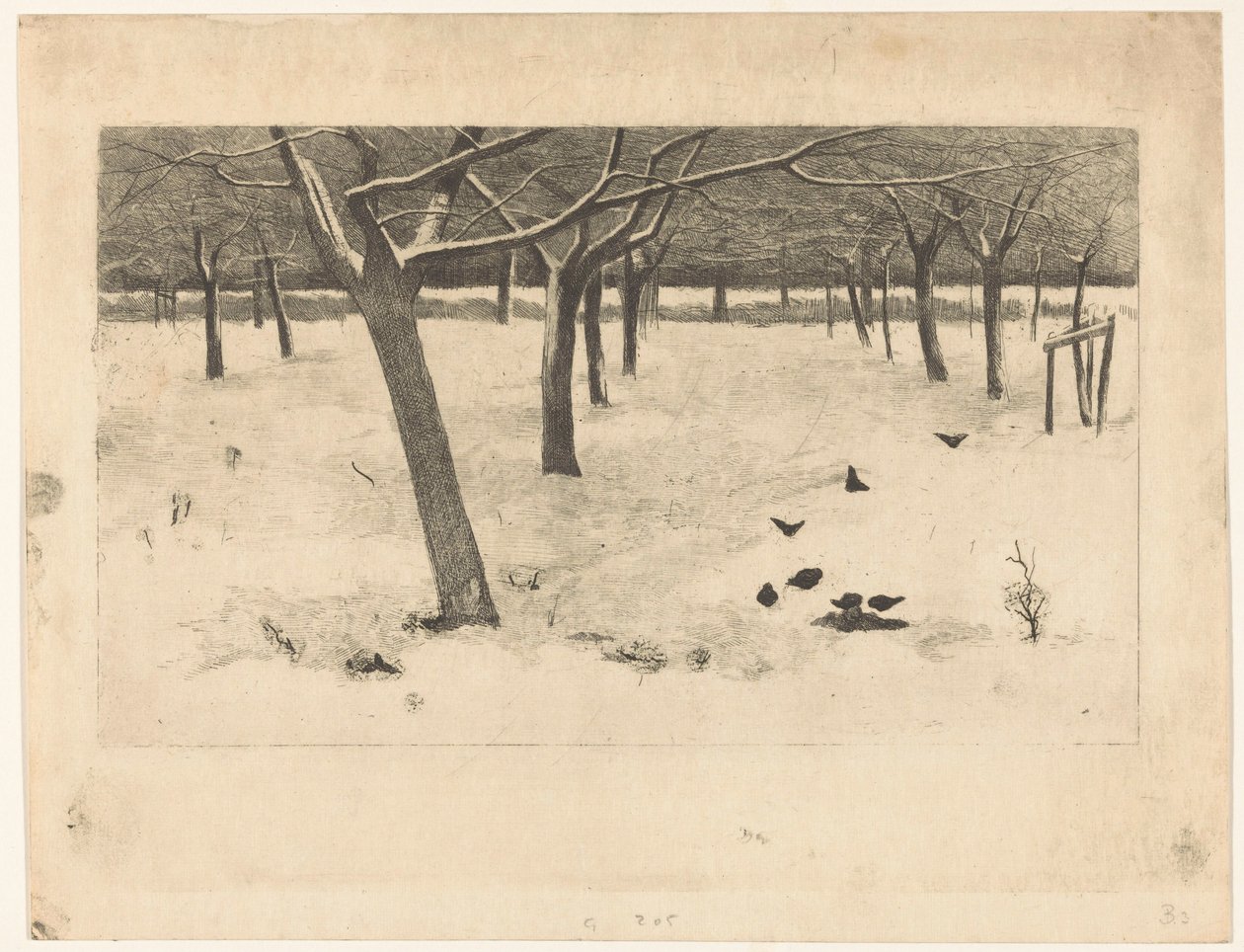 Besneeuwde boomgaard met vogels door Willem Arnoldus Witsen