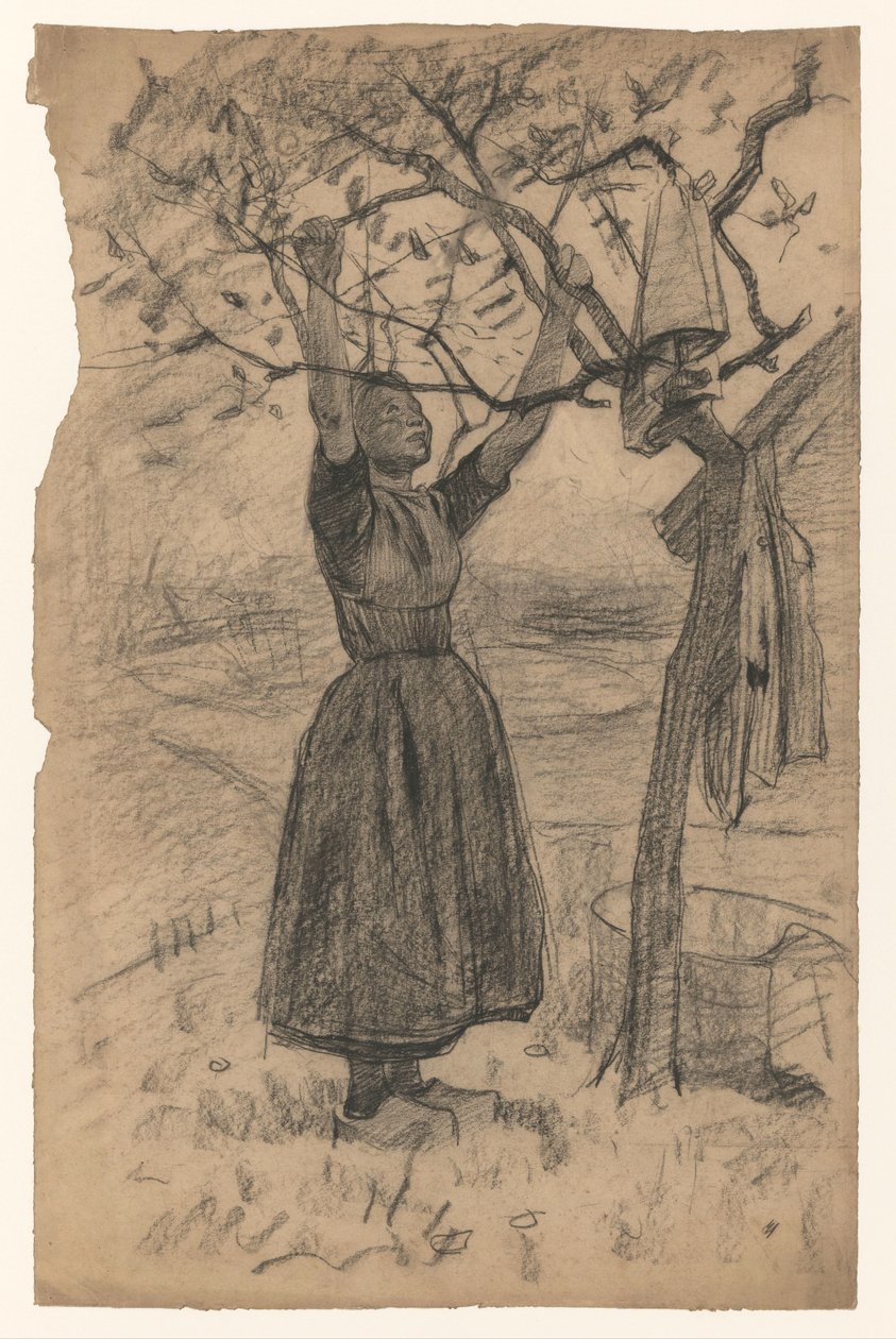 Vrouw hangt de was in een boom, naar rechts door Willem Arnoldus Witsen