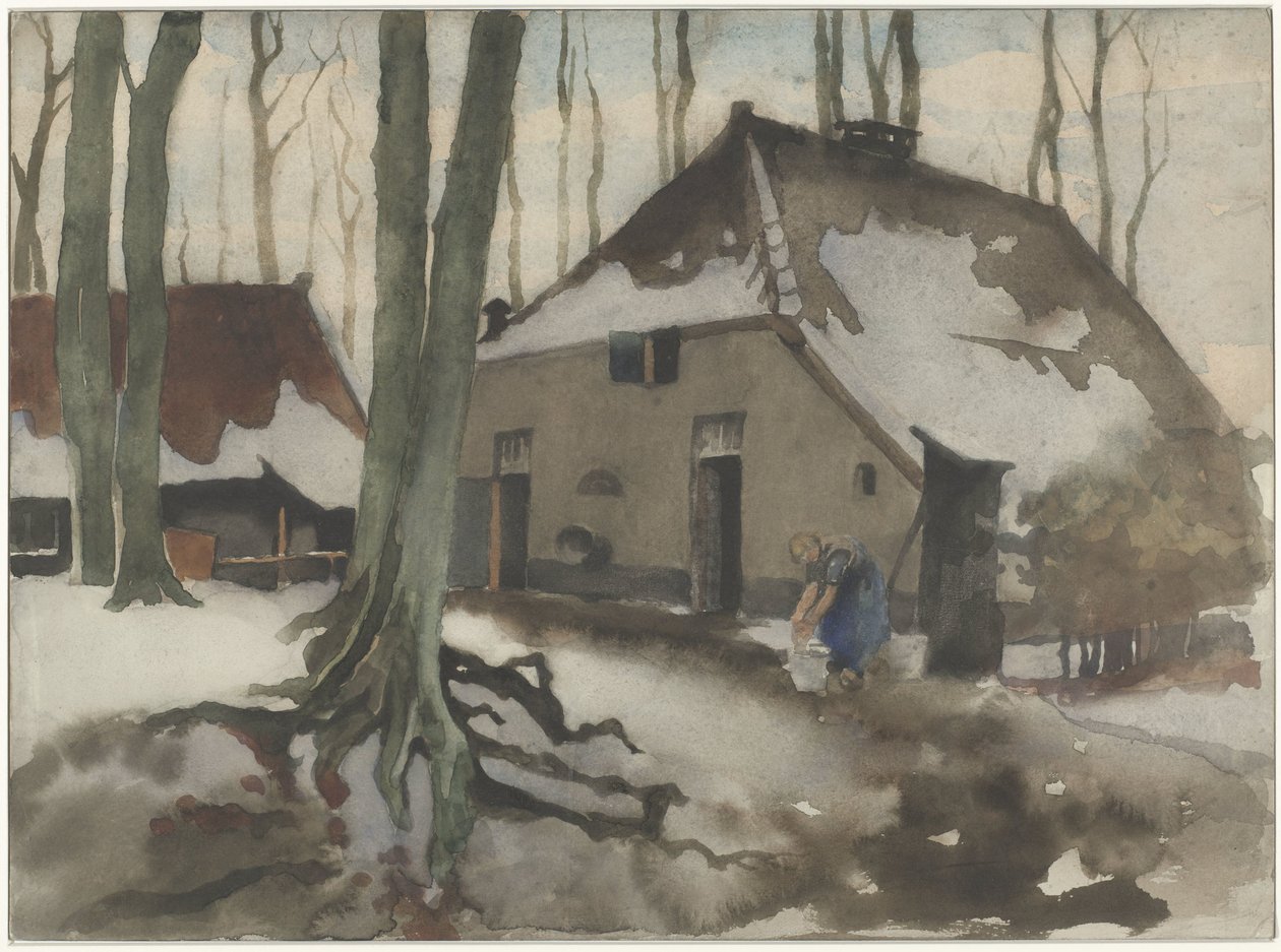 Vrouw voor een huis in een besneeuwd bos door Willem Arnoldus Witsen