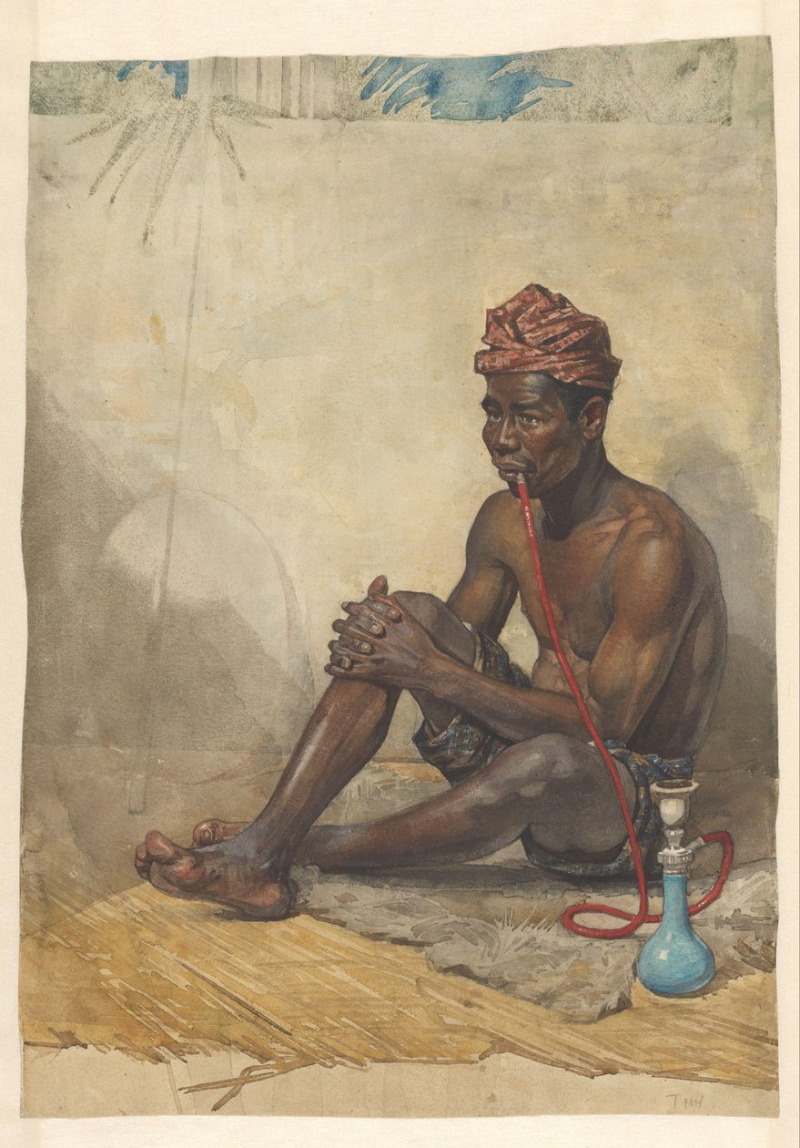 Zittende Indische man met waterpijp door Willem Witsen