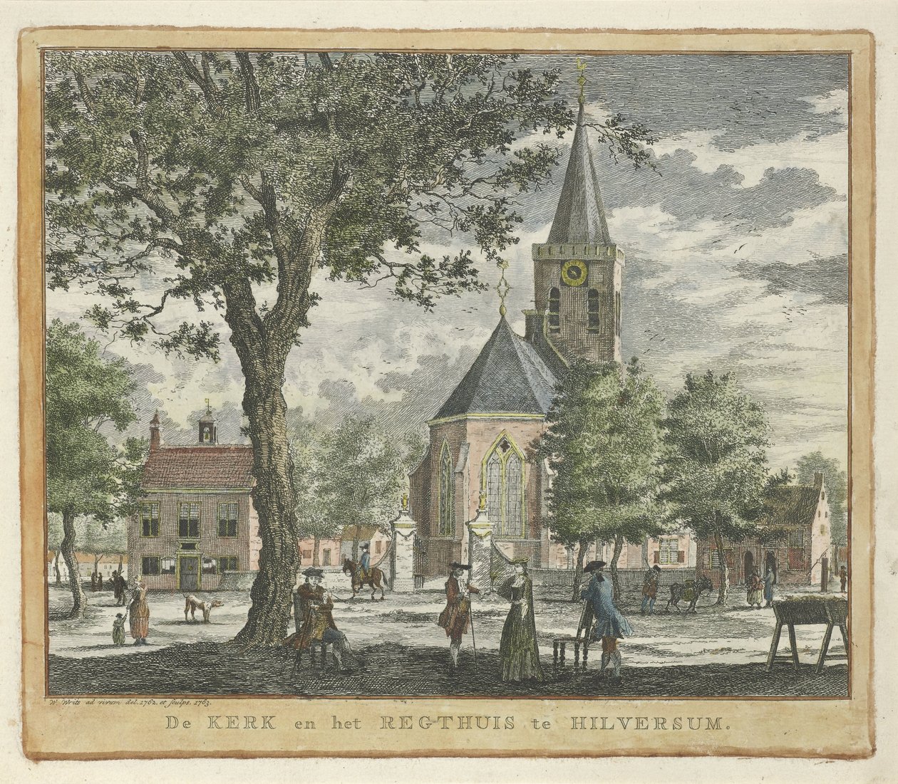 Kerk en Rechthuis te Hilversum in 1762 (vóór de brand van 1766) door Willem Writs