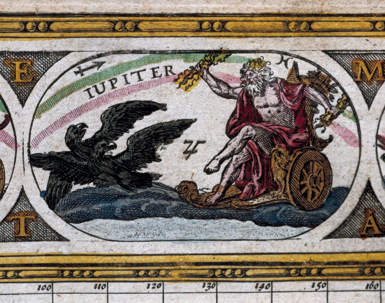 Afbeelding van de god Jupiter die zwarte adelaars bevecht in zijn wagen (gravure) in "Le Theatre du Monde" door Willem and Joan  Blaeu