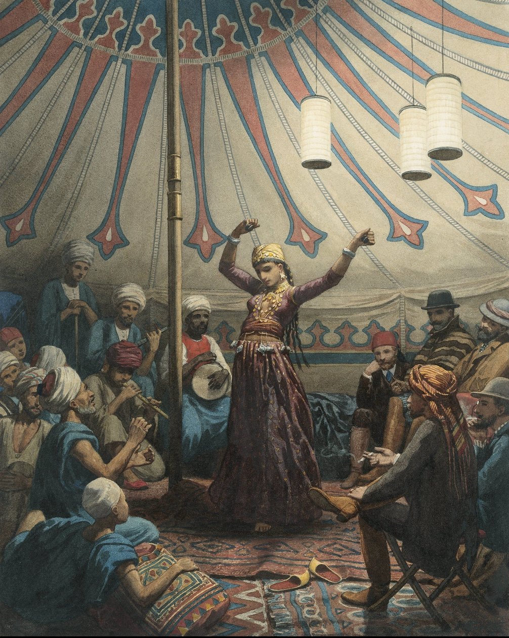 Egyptische danseres in een tent, met muzikanten en toeschouwers door Willem de Famars Testas