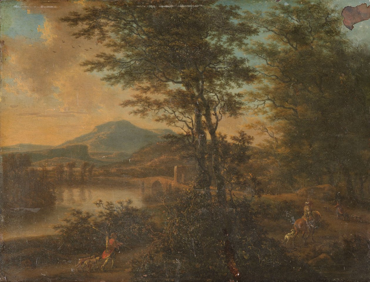 Italiaans landschap bij zonsondergang door Willem de Heusch