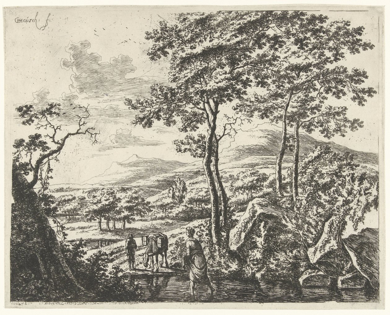 Landschap met een muilezeldrijver Landschappen met figuren (serietitel) door Willem de Heusch