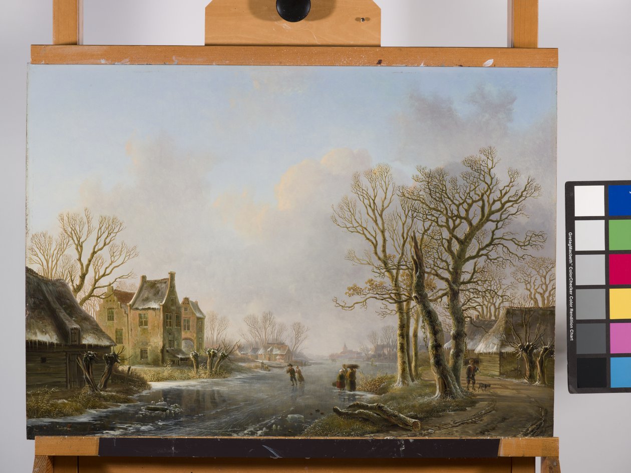Schaatsers op een Bevroren Rivier, Dordrecht door Willem de Klerk