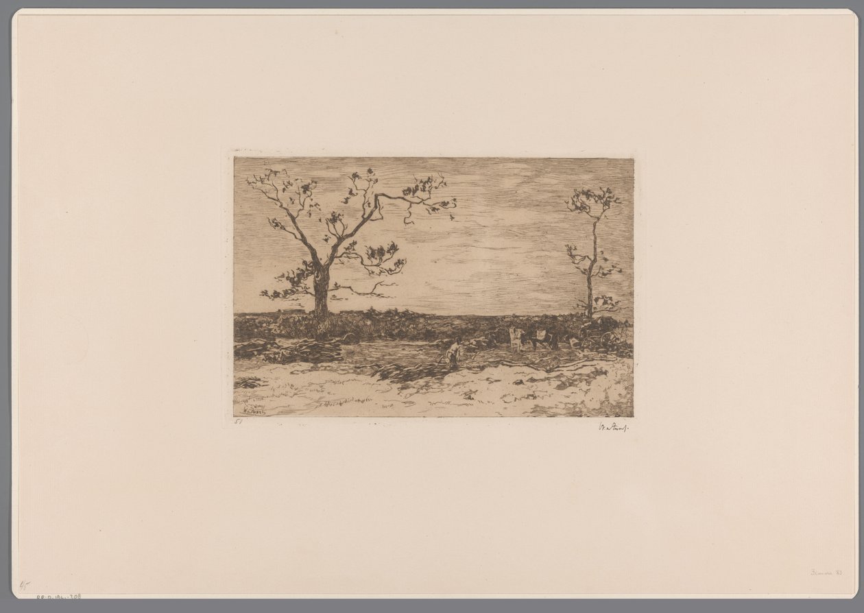 Landschap met kale bomen en houthakkers door Willem de Zwart (signed by artist)